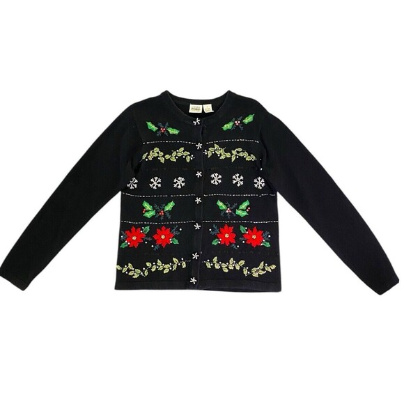 VTG Christmas Cardigan Sweater Medium Jason Maxwell Beaded Snowflakes Poinsettia - Picture 2 of 13